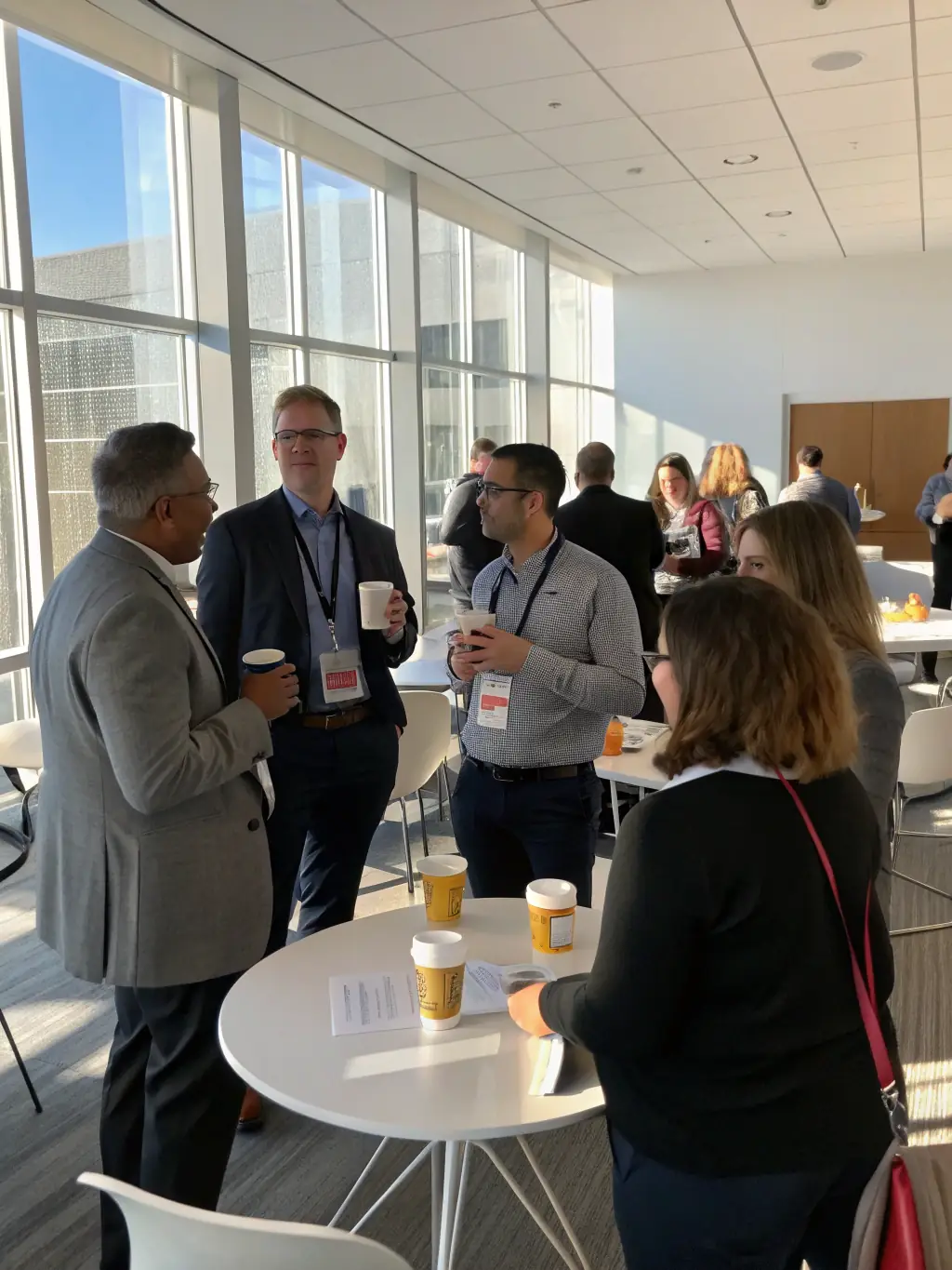 A photograph of people networking during a coffee break at a business conference, with individuals engaging in conversations and exchanging business cards.