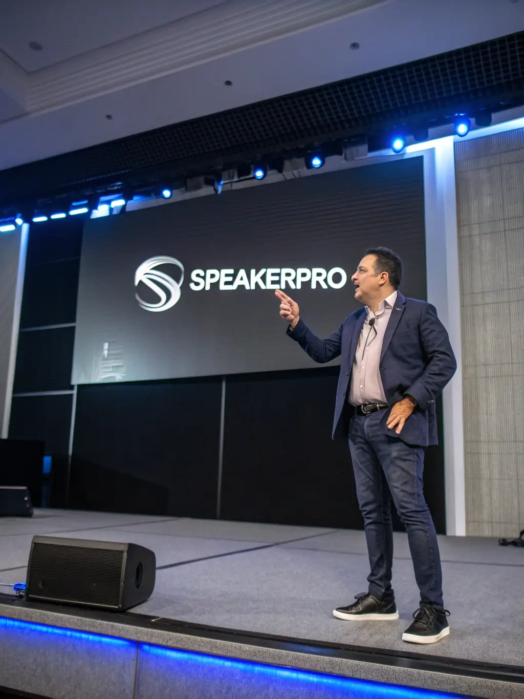 A photograph of a keynote speaker presenting on stage at a business conference, with a large screen displaying the conference logo.