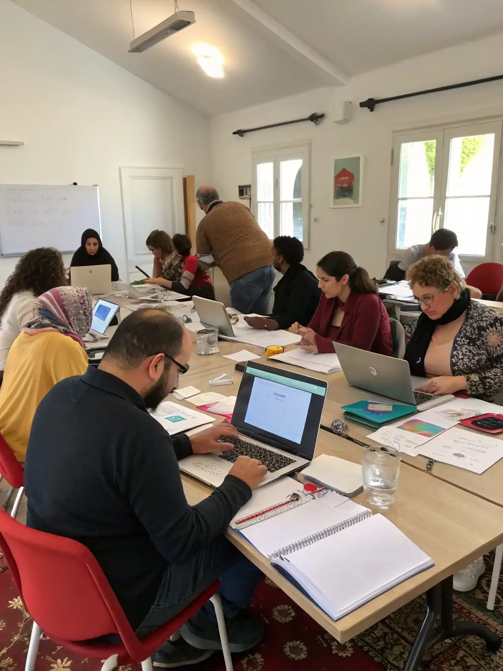 A photograph of attendees participating in an interactive workshop session at a business conference, with tables arranged for group discussions.